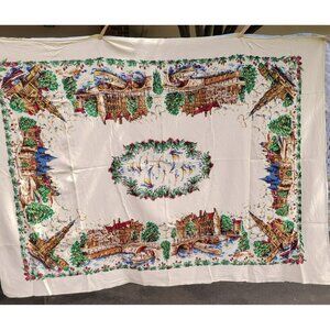 Vintage Souvenir Tablecloth Linen Beige European Tour Landmarks Tulips 48W x 68L